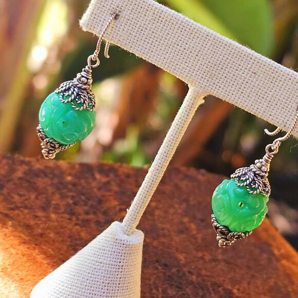 Chrysoprase Carved Sterling Silver Filigree Earrings - Picture 4 of 5